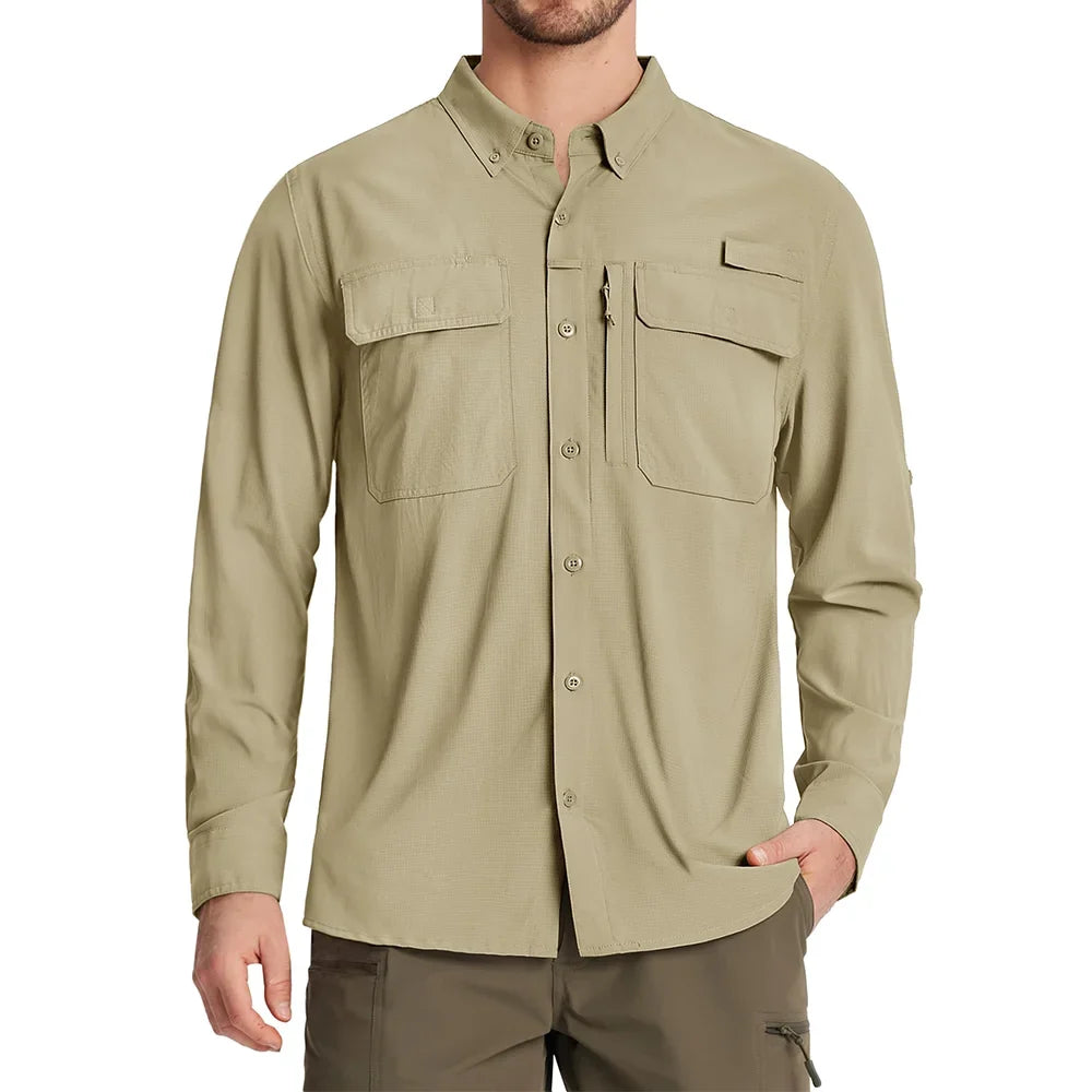 UPF 50+ Sun Protection Fishing Shirts Men's Quick Dry Long Sleeve Shirts Mesh Breathable Hiking Work Cargo Shirts