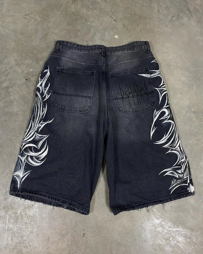 American Retro Gothic Halloween Geometry Graffiti Print Denim Shorts Men Women Y2k Low Waist Baggy Knee Length Jeans Jorts Short