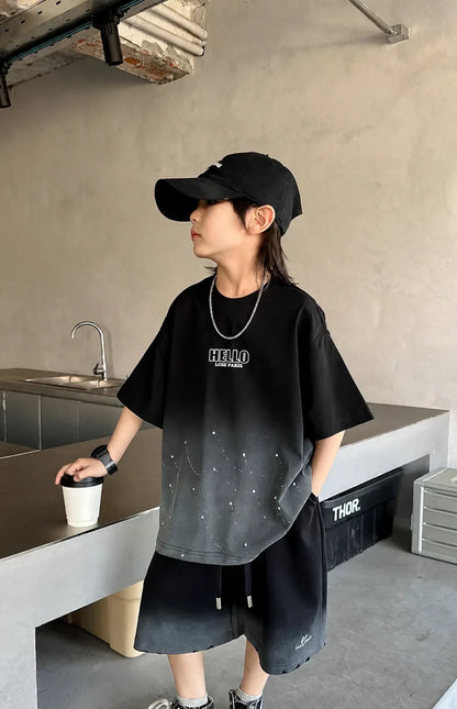 Summer Boys Cotton Leisure Star Print Gradient T-Shirt Top+Shorts Workout Set School Kids 2PCS Tracksuit Children Outfit 5-16 Yr