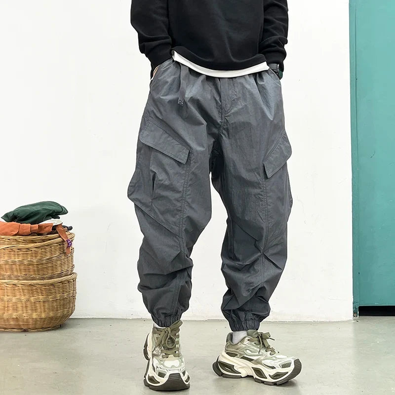 Korean Techwear Cargo Pants Men Spring Summer Quick Dry Lightweight Streetwear Casual Loose Fit Tapered Joggers Hip Hop Trendy