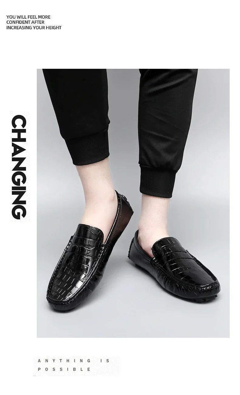 Patent Leather Loafers for Men, Crocodile Pattern, Korean Style, Trendy, Popular Casual Leather Shoes, Slip-On Loafers, Lazy Shoes