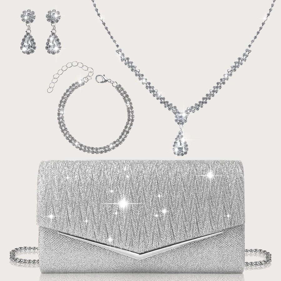 Elegant and Lightweight Pleated Metal Strip Flap Party Women's Clutch, Exquisite and Charming Women's Business Bag, Shiny Metal Strip Flap Women's Evening Bag and Fashionable Small Square Bag, Complete with a Gorgeous Rhinest