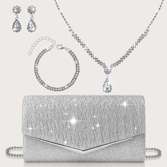 Elegant and Lightweight Pleated Metal Strip Flap Party Women's Clutch, Exquisite and Charming Women's Business Bag, Shiny Metal Strip Flap Women's Evening Bag and Fashionable Small Square Bag, Complete with a Gorgeous Rhinest