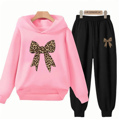Bow Print Girls Red Hoodie Children 3-12 Years Boys Casual Tops+Pants Sets Long Sleeves Autumn Fashion Kids Long Sleeves Clothes