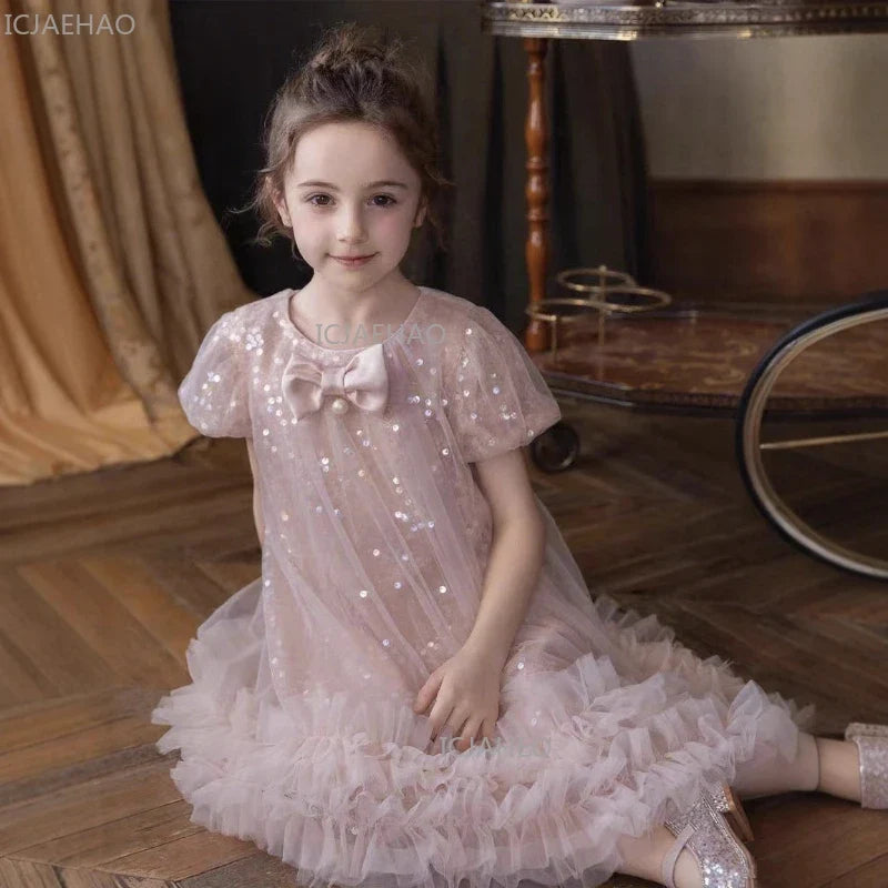 2026 New Summer Dress Girls Sequin Tulle Princess Party Gown Children Pageant Formal Attire Celebration Outfit Elegant Clothes