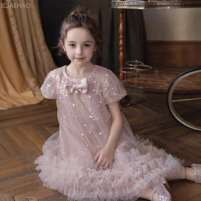 2026 New Summer Dress Girls Sequin Tulle Princess Party Gown Children Pageant Formal Attire Celebration Outfit Elegant Clothes