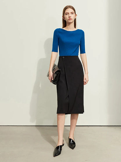 Minimalism Women Skirts 2024 Spring New Asymmetric Lap Piece A-line Solid Trendy Commuter Mid-Calf Skirt For Lady 12421040