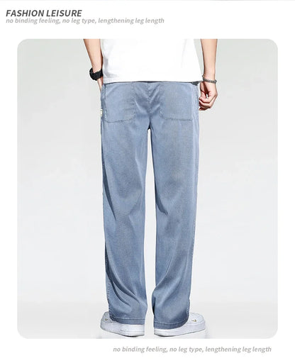 Summer Thin Loose Wide-leg Men Jeans Soft Lyocell Elastic Fashion Casual Straight Drawstring Denim Trousers Black Blue Gray