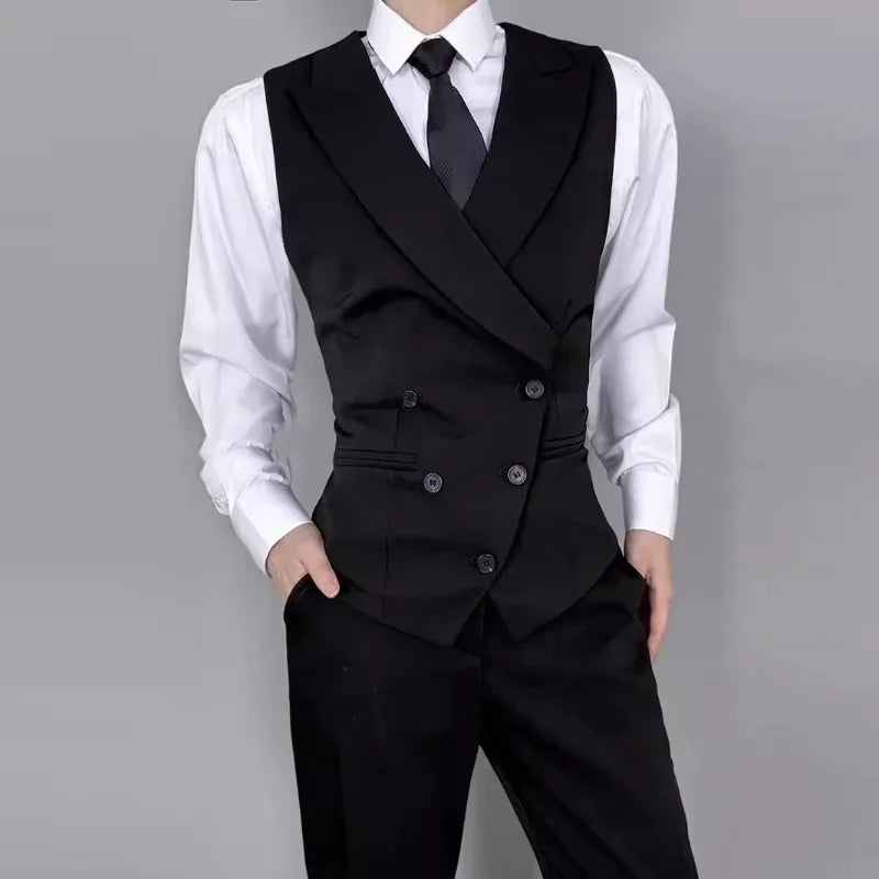 Man Waistcoat Vintgae Slim Turn Down Collar Male Suit Vest Simple Double-breasted Breathable Casual Versatile Men Vest