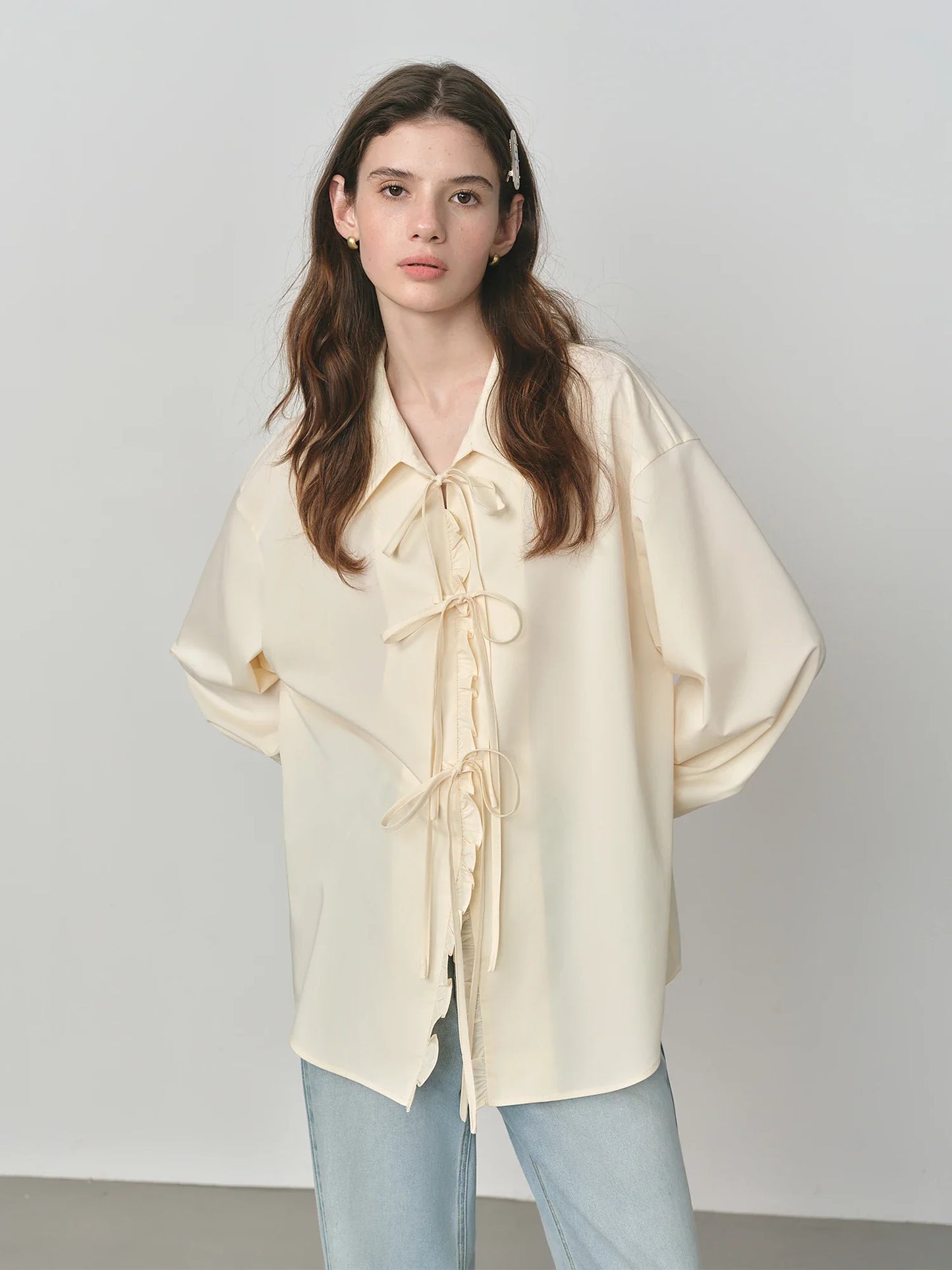 Autumn 2025 Women's French Inspired Blouse - Ruffle Trim Tie Front Loose Fit Shirt Collar Top Soft Blend Daily Wear
