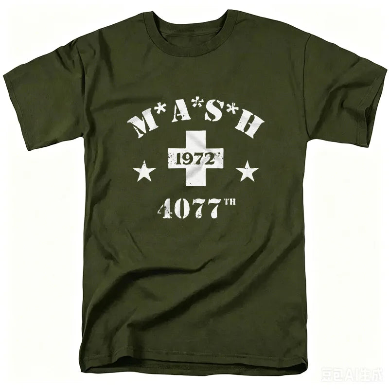 Mash Distressed Logo T Shirt Mens 4077 Licensed Classic TV Show Militarryy Green2026 High quality Brand Casual