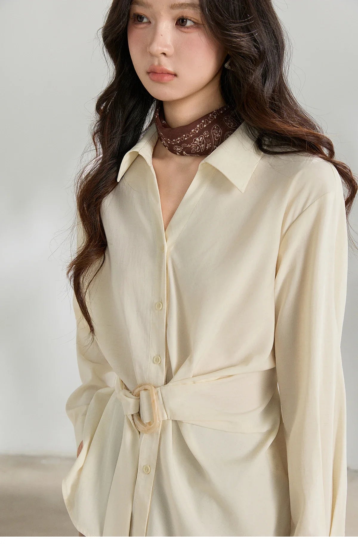 Women's Lapel Collar Long Sleeve Shirt 2026 Spring with Belted Waist Casual Loose Soft Beige Shirt Office Lady MXF13C2452