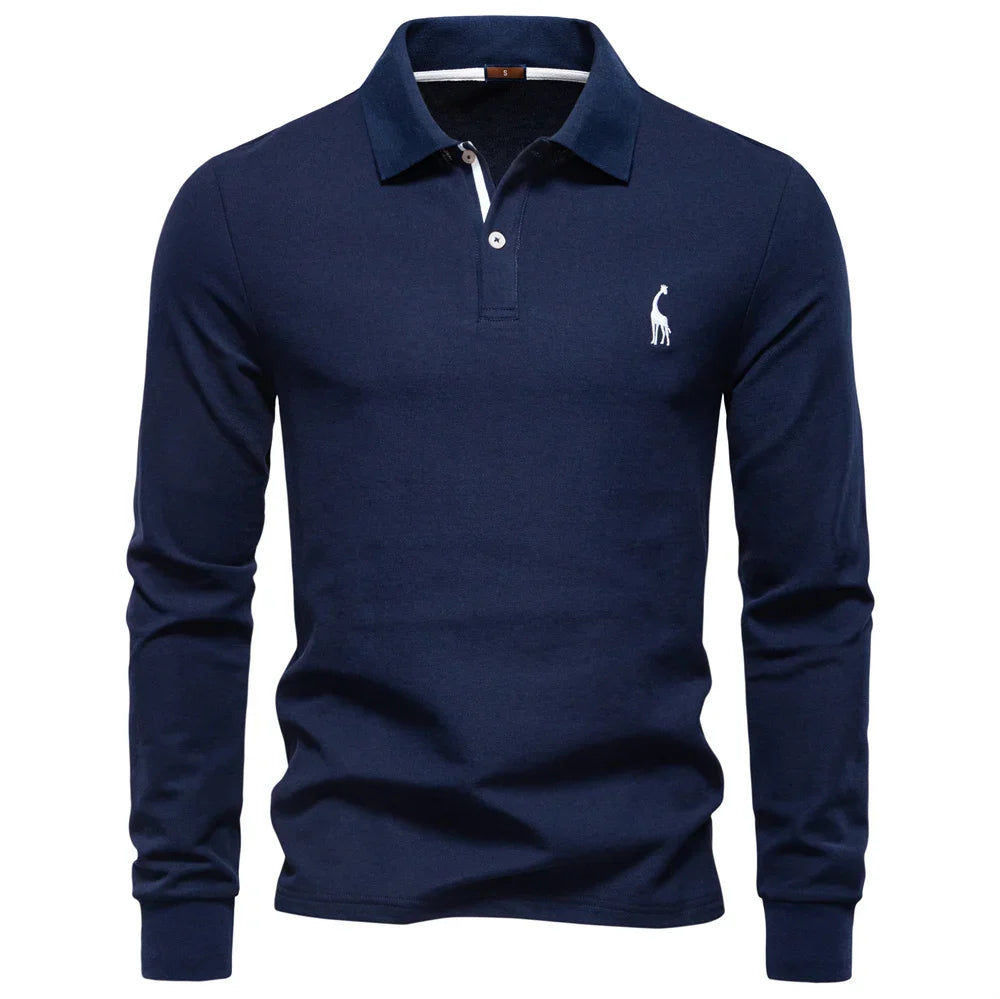 2025 Business Casual Polo Shirt Men Solid Color Long Sleeve Cotton Rich Blend Breathable Polos Male