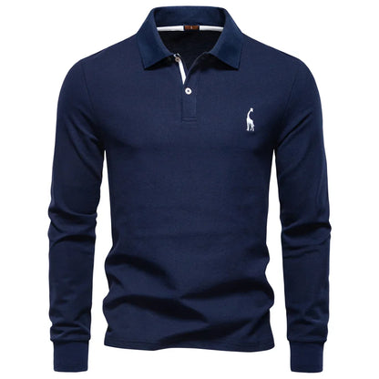 2025 Business Casual Polo Shirt Men Solid Color Long Sleeve Cotton Rich Blend Breathable Polos Male