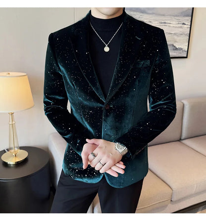 High Quality Velvet Bronzing Suit Coats Mens Sparkle Elegant Slim Business Suits Jacket Homme Formal Social Prom Party Tuxedos