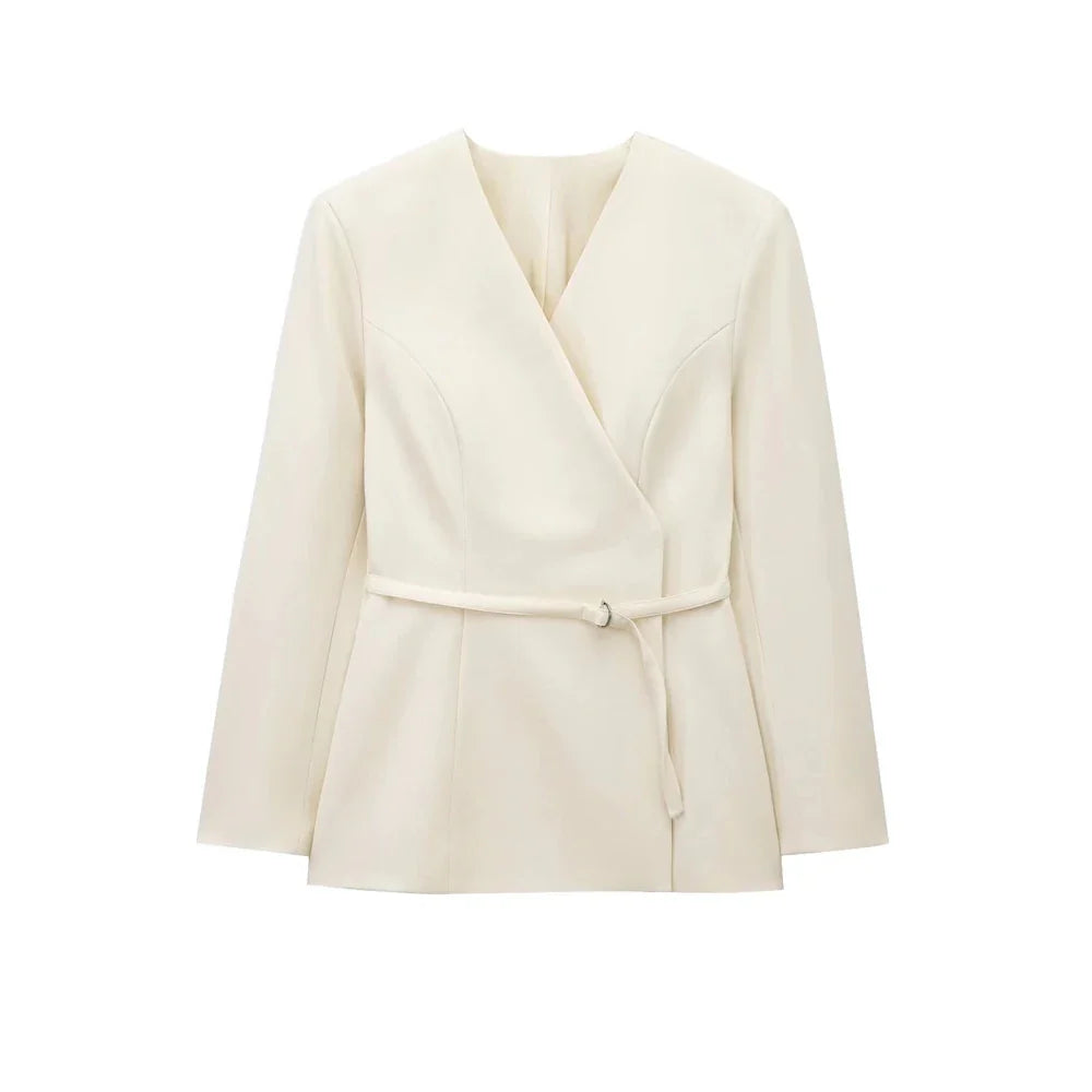 Women's Chic V-Neck Blazer Coat with Belt Long Sleeve Snap-Button Fashion Outerwear Top