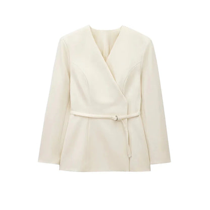Women's Chic V-Neck Blazer Coat with Belt Long Sleeve Snap-Button Fashion Outerwear Top