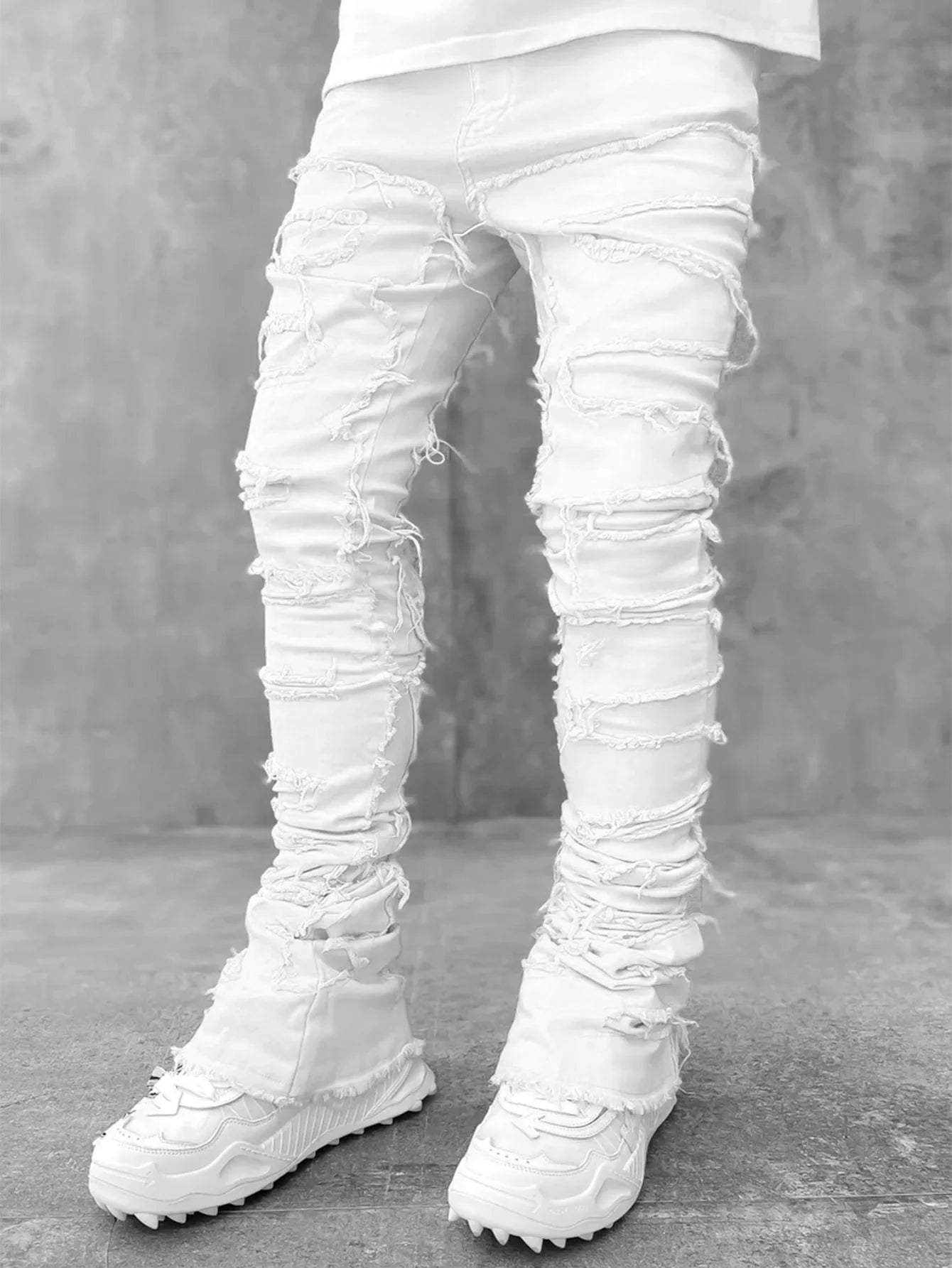 New European and American Heavyweight Streetwise Stretch Patch Jeans for Men, High Street Straight Fit Long Jeans16-3001