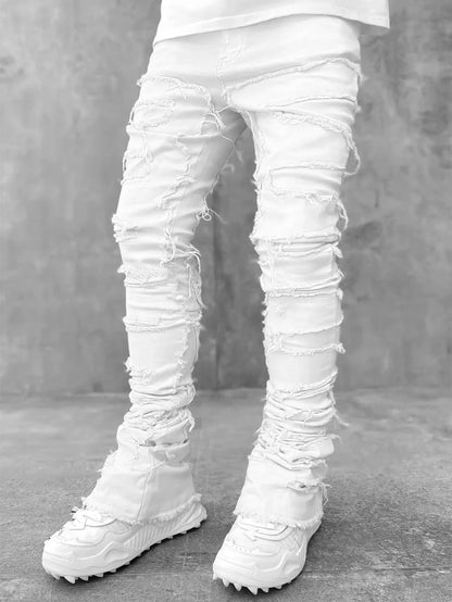 New European and American Heavyweight Streetwise Stretch Patch Jeans for Men, High Street Straight Fit Long Jeans16-3001
