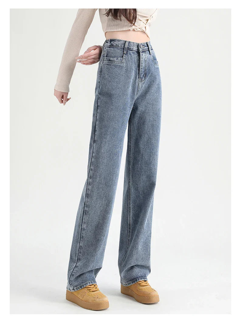 Woman Jeans Elastic High Waist Wide Leg Cotton Denim Clothing Blue White Streetwear Vintage Fashion Harajuku Straight Pants