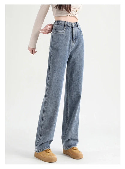 Woman Jeans Elastic High Waist Wide Leg Cotton Denim Clothing Blue White Streetwear Vintage Fashion Harajuku Straight Pants