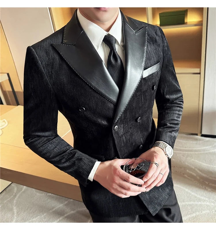 British Style Luxury Men Double Breasted Suit Jacket High Quality Fashion PU Leather Neck Spliced Coats Groom Social Party Dress