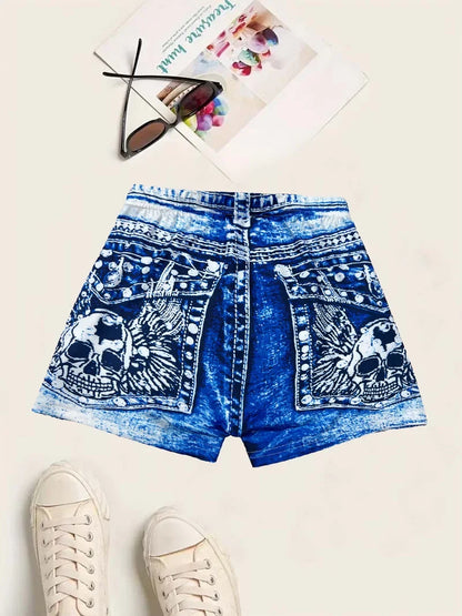 Women's Faux Denim Print High Stretch Slim Shorts, Versatile Yoga Shorts, Polyester Non-Denim Material