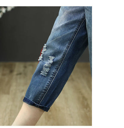 Summer Females Luxury Embroidery Jeans Womens Fashion Vintage Ripped Denim Trousers Loose Holes Elastic Harem Pants