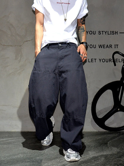 Mens Cargo Pants American Trendy Solid Black Cotton Heavyweight Wide Leg Loose Straight Streetwear Casual High Quality Pants