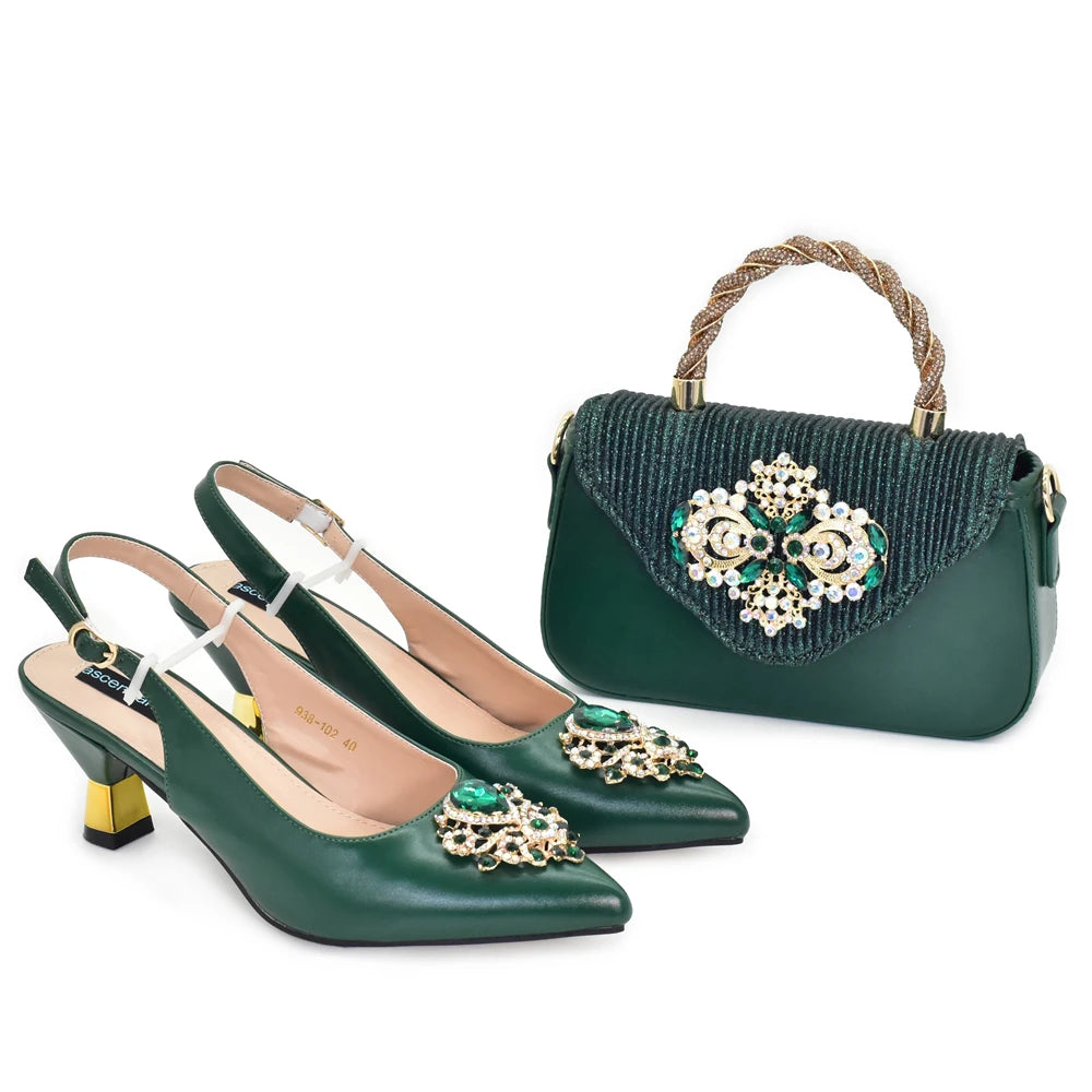 New Arrival Pointed Toe Heels for Women 2026 Elegant Party Diamond Pumps Italian Shoes and Bags Matching Set with Rhinestone