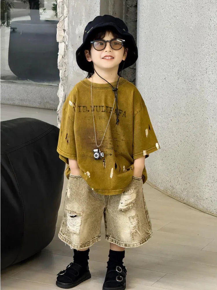 2026 Summer New Boys' Distressed Tie Dye Short Sleeved T-Shirt Junior Sizes Stylish Trendy Kids' Apparel