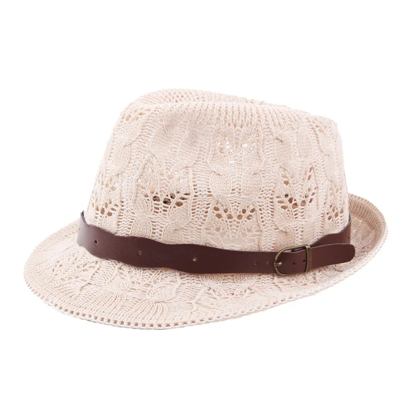 Summer Women's Knitted Mesh Breathable Curled Jazz Hat Leather Belt Panama Hat