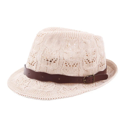 Summer Women's Knitted Mesh Breathable Curled Jazz Hat Leather Belt Panama Hat
