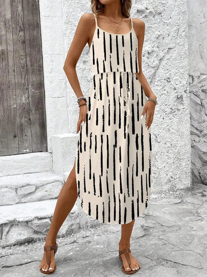 Women's Summer Spaghetti Strap Dress with Belt & Side Slit - Casual Sleeveless Flowy Dress