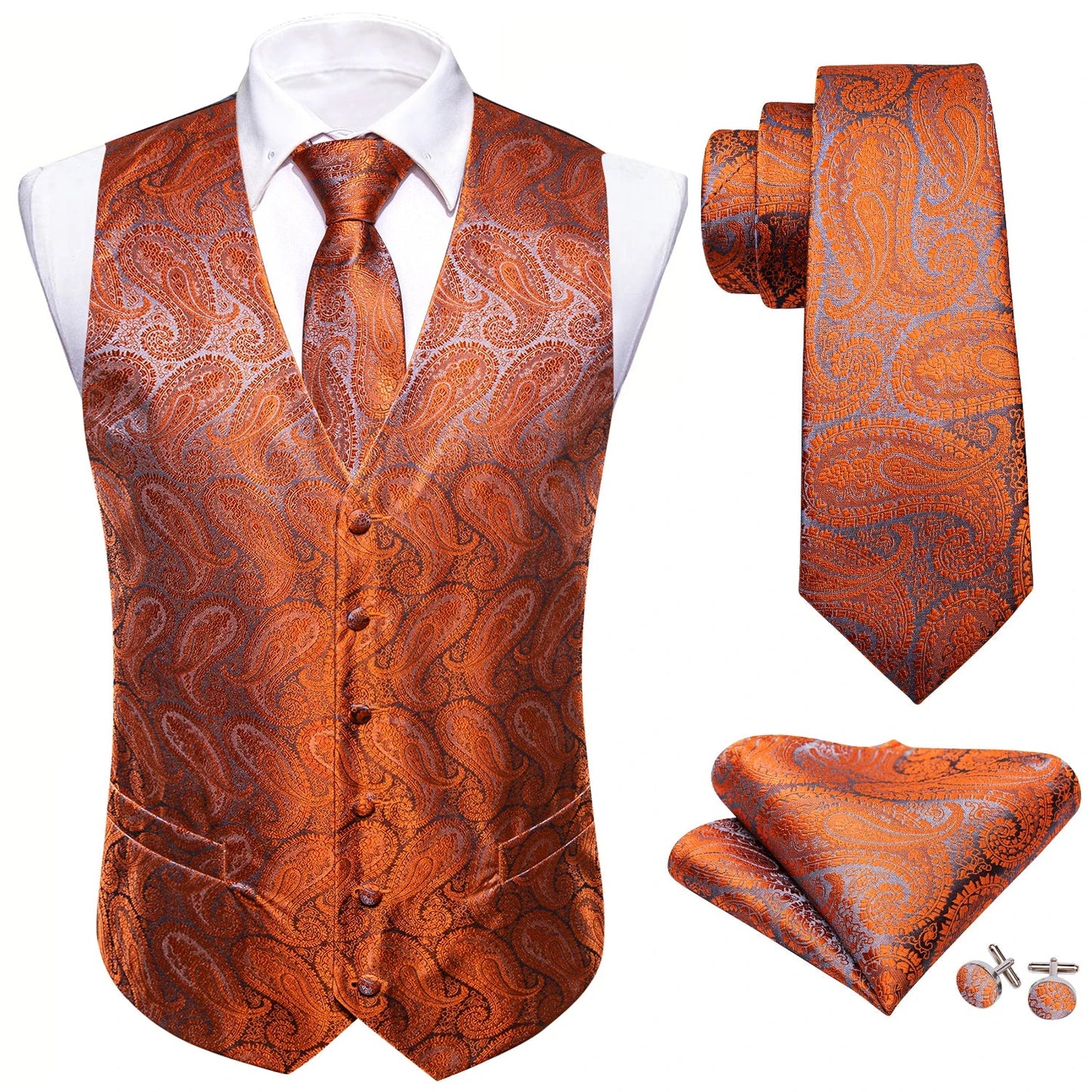 Men's Fashion Orange Paisley V-Collar Vest Waistcoat With Hankerchief Cufflinks Fit Wedding Party Gift Daily Banquent