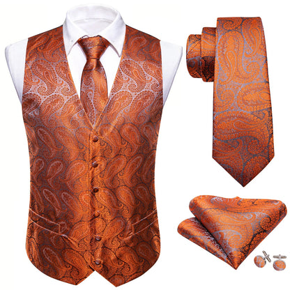 Men's Fashion Orange Paisley V-Collar Vest Waistcoat With Hankerchief Cufflinks Fit Wedding Party Gift Daily Banquent
