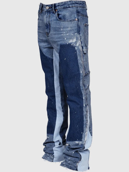 2025 Men's Fashion Jeans Work Pants, European and American Fashion Workwear Elastic Patchwork Denim Layered Flared Pants S-XXL
