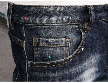 Fashion Streetwear Men Jeans Retro Black Blue Elastic Slim Fit Ripped Jeans Men Spliced Designer Embroidery Hip Hop Denim Pants