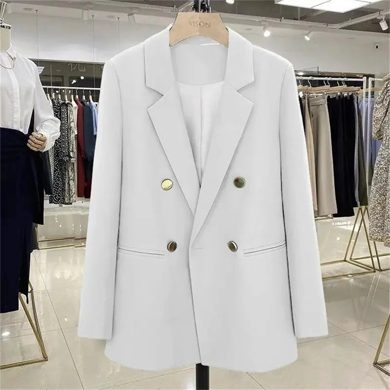 Blazer Woman Autumn Spring Long Sleeve Double Breatsed Lapel Loose Coat Slim Casual Jackets Office Ladies Vintage Blazers
