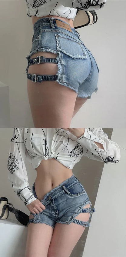 Y2K Denim Shorts Women Sexy Hollow Out Short Jeans Streetwear Korean Fashion High Waist Slim All Match Short Hot Pants New