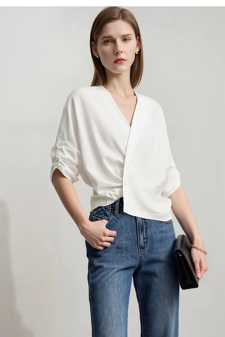 Women's Blouse 2026 Summer New V-Neck Asymmetric Pleated Mid Sleeve Shirt Relaxed Fit Office Casual Top For Women 12622117