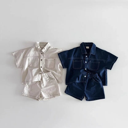TZ2614 Korean Style Summer New Children's Clothing Set Boy Girl Soft Denim Shirt with Stitching Trendy Outfit for Kids