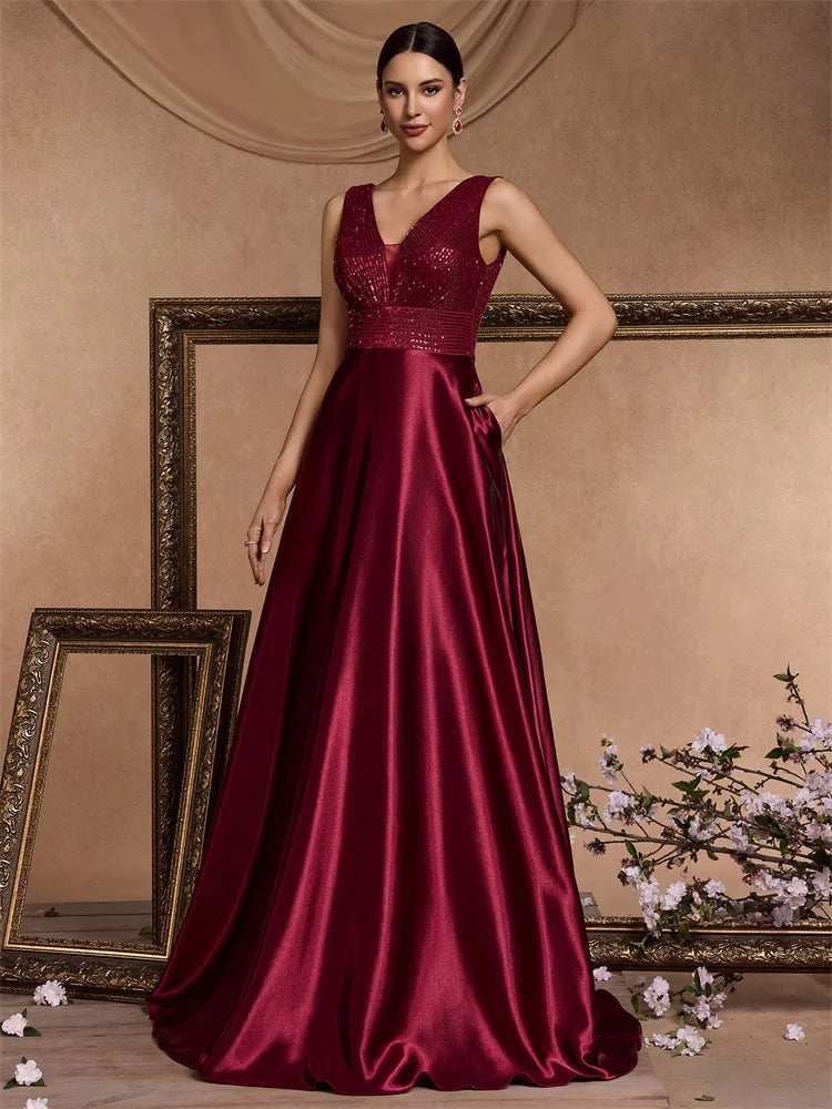 Elegant Sequins Evening Dress For Women 2024 Deep V-neck Satin Prom Party Green Dress Floor Length Blue Formal Gowns