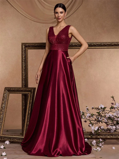 Elegant Sequins Evening Dress For Women 2024 Deep V-neck Satin Prom Party Green Dress Floor Length Blue Formal Gowns