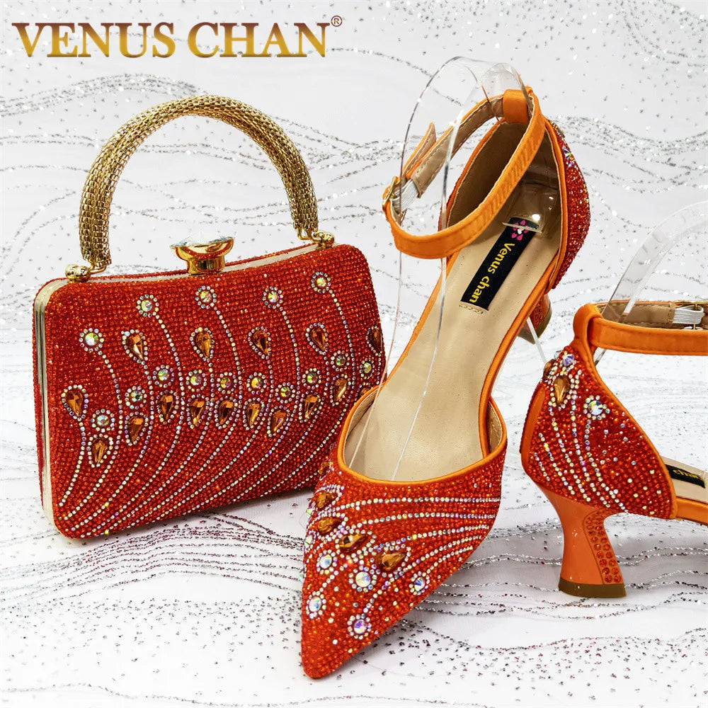 Elegant Italian Rhinestone Pointed-Toe High Heel Shoes with Matching Handbag Set - Stylish & Comfortable Women's Footwear