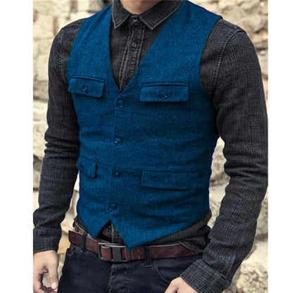 Men Vest V Neck Classic Steampunk Suit Wool Tweed Notch Lapel Thick Tweed For Wedding Groom Banquet Waistcoat
