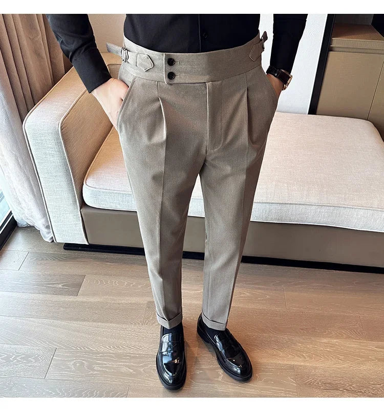 Autumn Winter High Waist Business Dress Pants Men Casual Belt Design Slim Suit Pants Formal Wedding Social Party Male Trousers