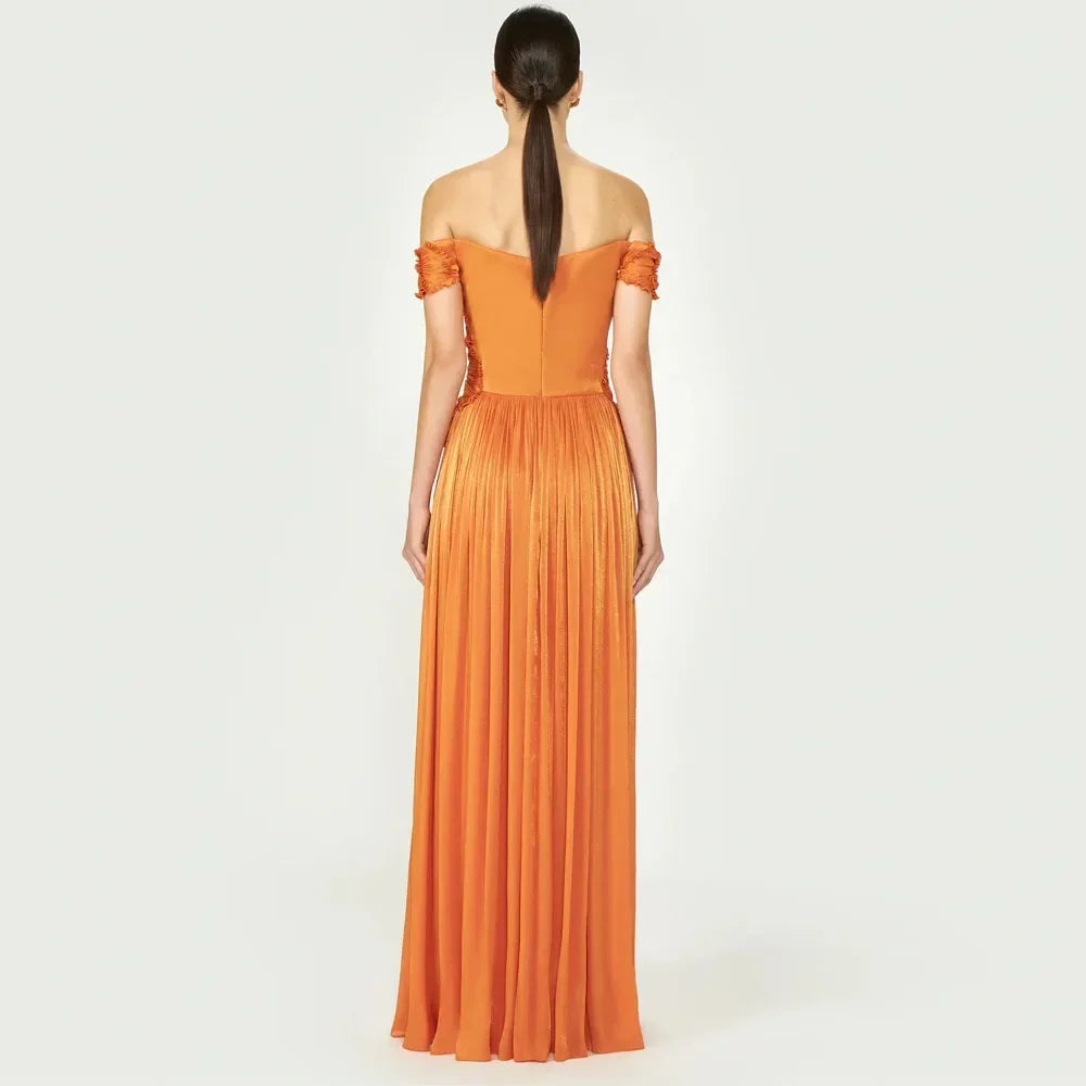 Orange Evening Dress Off The Shoulder Pleat A Line Sexy Prom Formal Party Dress Thigh Slit Floor Length Evening Gown Customized