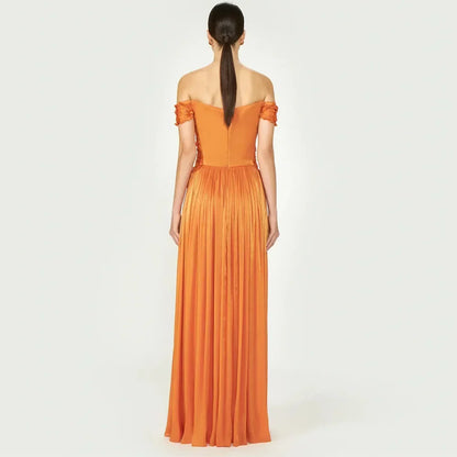 Orange Evening Dress Off The Shoulder Pleat A Line Sexy Prom Formal Party Dress Thigh Slit Floor Length Evening Gown Customized