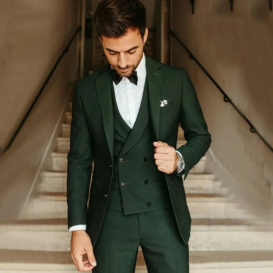 Green Men Suit Groom Tuxedos Party Suit Slim Fit Business Casual Jacket Sets 3 Piece(Blazer+Vest+Pants)Costume Homme